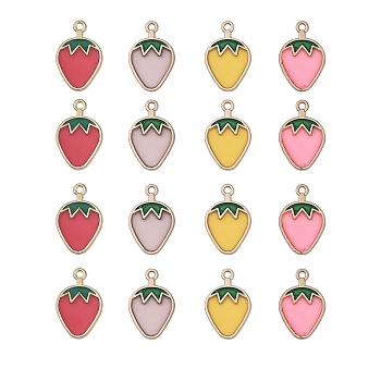 Alloy Pendants, with Enamel, Cadmium Free & Lead Free, DIY Accessories, Strawberry, Matte Gold Color, Mixed Color, 25x16mm, Hole: 2mm