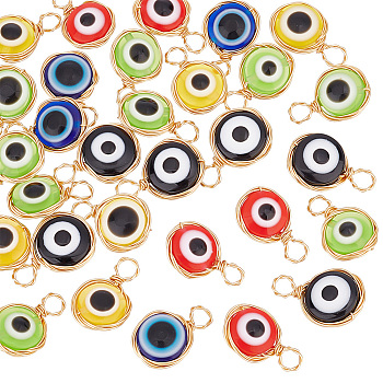 Evil Eye Resin Pendants, with Real 18K Gold Plated Friendly Copper Wire Wrapped, Flat Round Charm, Mixed Color, 18~19x11.5~12x6~6.5mm, Hole: 3~4mm, 30pcs/box