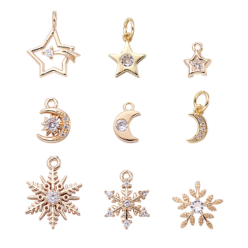 18Pcs 9 Style Brass Micro Pave Cubic Zirconia Charms, Light Gold, Long-Lasting Plated, Star & Moon & Snowflake, Mixed Color, 8~17.5x5~13x1~3mm, Hole: 1~3.5mm, 2pcs/style