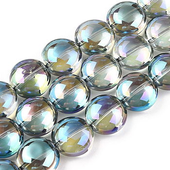 Transparent Electroplate Glass Bead Strands, Rainbow Plated, Flat Round, Dark Sea Green, 12x8mm, Hole: 1.2mm, about 50pcs/strand, 24.41''(62cm)