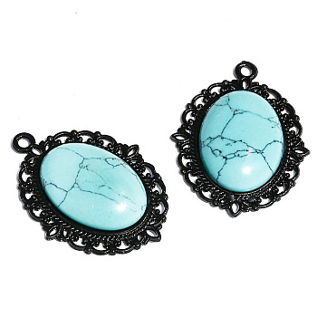 Synthetic Blue Turquoise Pendants, Black Metal Oval Charms, 40x30x7mm
