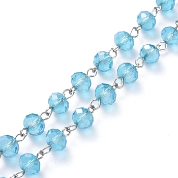 Handmade Electroplate Glass Beaded Chains, with Platinum Plated Iron Eye Pin, Unwelded, Deep Sky Blue, 39.37 inch(100cm), Beads: 8x6mm