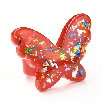Acrylic Finger Rings, with Paillette, Butterfly, Red, 6.5~29.5mm, Inner Diameter: 18mm, butterfly: 29.5x38.5x6mm.(RJEW-M137-01A)