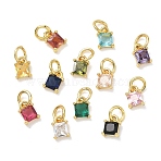Brass Micro Pave Cubic Zirconia Pendants, Square Charms, Real 18K Gold Plated, Mixed Color, 6.5x5x3mm, Hole: 3mm(KK-T084-05G)