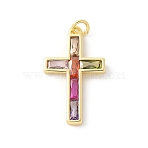 Brass Micro Pave Cubic Zirconia Pendants, Cross Charms, Rack Plating, Cadmium Free & Lead Free, Long-Lasting Plated, with Jump Ring, Real 18K Gold Plated, 27x14.5x2mm, Hole: 2.5mm(X-KK-P294-05G)