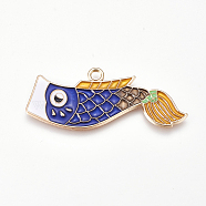 Alloy Enamel Pendants, Koi Fish, Golden, Blue, 19x46x1.5mm, Hole: 2.8mm(ENAM-O035-03G-B)