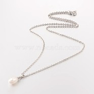 Grade AA Natural Freshwater Pearl Pendant Necklaces, with Brass Cable Chains and Brass Spring Ring Clasps, Platinum, 17.3 inch(NJEW-JN01304)