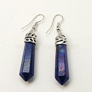 Natural Lapis Lazuli Earrings, with Brass Findings, Bullet, Platinum, 55mm, Pin: 0.5mm(EJEW-J007-01P)