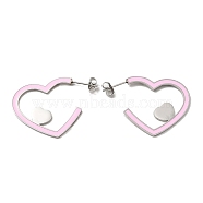304 Stainless Steel Heart Stud Earrings, Pink Enamel Half Hoop Earrings, Stainless Steel Color, 28.5x1.4mm(EJEW-Z028-01P)