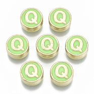 Alloy Enamel Beads, Cadmium Free & Nickel Free & Lead Free, Flat Round with Initial Letters, Light Gold, Letter.Q, 8x4mm, Hole: 1.5mm(X-ENAM-S122-028Q-NR)