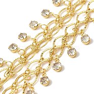 2-Row Brass Textured Oval Link Chains, with Rhinestone Charms & Spool, Long-Lasting Plated, Soldered, Lead Free & Cadmium Free, Real 18K Gold Plated, 17mm(CHC-L053-01G-02)