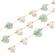 Natural Pearl & Green Aventurine Beaded Chains, with Stainless Steel Findings, Long-Lasting Plated, Soldered, Golden, 5~9.5x4~8x2~5mm, 4~6x5.5~8mm(CHS-B002-01G-09)