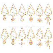12Pcs 6 Style Flower/Snowflake/Bowknot Brass Micro Cubic Zirconia Charm Bookmarks, Teardrop Stainless Steel Paper Clips, Golden, 34~46mm, 2pcs/style(AJEW-AB00184)