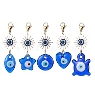 Glass Mixed Shapes with Evil Eye & Brass Sun Pendant Decorations, with 304 Stainless Steel Lobster Claw Clasps, Blue, 72~76mm(HJEW-JM01522)
