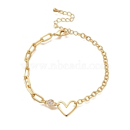 Heart Brass Micro Pave Clear Cubic Zirconia Cable Chain Bracelets For Women Girl, Real 18K Gold Plated, 6-7/8 inch(17.6cm)(BJEW-L696-011G)