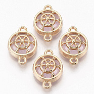 Glass Links connectors, with Light Gold Plated Alloy Findings, Flat Round with Helm, Pearl Pink, 13.5x19.5x6.5mm, Hole: 1.6mm(GLAA-T015-17G)