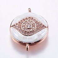 Brass Micro Pave Cubic Zirconia Links, with White Shell, Eye, Rose Gold, 20.5x16x4mm, Hole: 1mm(ZIRC-F077-11RG)