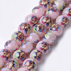 Printed & Spray Painted Imitation Jade Glass Beads, Round with Flower Pattern, Colorful, 12~12.5x11.5mm, Hole: 1.4mm(X-GLAA-S047-05C-01)