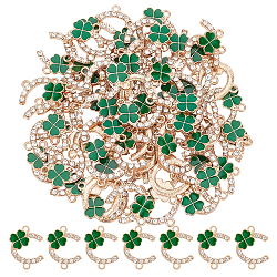 60Pcs Alloy Enamel Connector Charms, with Crystal Rhinestone, Light Gold, C Shape with Clover, Dark Green, 20x16x2.5mm, Hole: 1.6mm(FIND-DC0001-64)