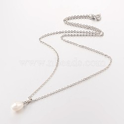 Grade AA Natural Freshwater Pearl Pendant Necklaces, with Brass Cable Chains and Brass Spring Ring Clasps, Platinum, 17.3 inch(NJEW-JN01304)