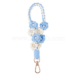 Hand-woven Flower Pendant Decorations, with Alloy Swivel Clasps, Sky Blue, 205x32mm(KEYC-TAC0009-02KCG-04)