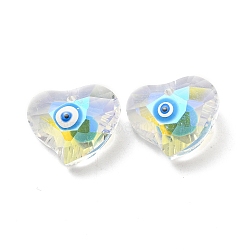 Transparent Glass Beads, with Enamel, Faceted, Heart with Evil Eye Pattern, Deep Sky Blue, 15.5x18.5x10mm, Hole: 1.6mm(GLAA-F121-11B)