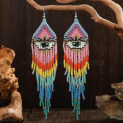 Bohemian Style Tassel Dangle Earrings, with Eye Pattern and Glass Beads, Platinum, Pink, 145x32mm(RM8335-3)