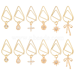 12Pcs 6 Style Flower/Snowflake/Bowknot Brass Micro Cubic Zirconia Charm Bookmarks, Teardrop Stainless Steel Paper Clips, Real 18K Gold Plated, 34~46mm, 2pcs/style(AJEW-AB00184)