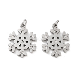 304 Stainless Steel Pendants, with Cubic Zirconia, Snowflake, with Jump Ring, Stainless Steel Color, 17x13.5x1.5mm, Hole: 2.5mm(STAS-K255-18P)