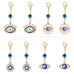 Unicraftale 8Pcs 4 Styles Evil Eye Alloy Enamel with Rhinestone Pendant Decoration, Resin Beads and 304 Stainless Steel Lobster Claw Clasps, Eye/Flower/Flat Round, Mixed Shapes, 51~59mm, 2pcs/style(HJEW-UN0001-22)