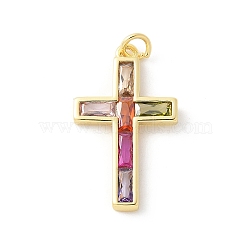 Brass Micro Pave Cubic Zirconia Pendants, Cross Charms, Rack Plating, Cadmium Free & Lead Free, Long-Lasting Plated, with Jump Ring, Real 18K Gold Plated, 27x14.5x2mm, Hole: 2.5mm(X-KK-P294-05G)