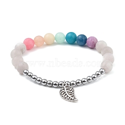 Stretch Bracelets, with Natural White Jade Beads, Non-magnetic Synthetic Hematite Beads and Alloy Pendants, Leaf, Colorful, Inner Diameter: 2 inch(5cm)(BJEW-JB05343-03)