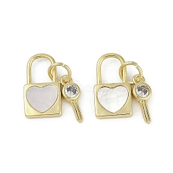 Brass Pave Natural Shell Charms, Clear Cubic Zirconia Key & Lock Charms, Real 18K Gold Plated, 14mm, Hole: 4mm(KK-Z078-18G)