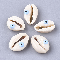 Cowrie Shell Beads, with Enamel, No Hole/Undrilled, Evil Eye, Light Sky Blue, 20~25x14~16x5~7mm(SHEL-S274-29C)