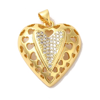 Mother's Day Brass Micro Pave Clear Cubic Zirconia Pendants, Heart, Real 16K Gold Plated, 24x21x7mm, Hole: 5x3.5mm