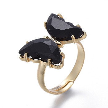 Adjustable Brass Glass Finger Rings, with Clear Cubic Zirconia, Butterfly, Golden, Black, Size 7, Inner Diameter: 17mm