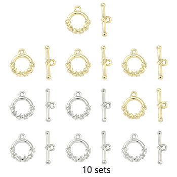 10Pcs 2 Colors Alloy Toggle Clasps, Ring with Flower, Mixed Color, Ring: 14x11.5x2.5mm, Hole: 1.4mm, Bar: 5x16.5x2.5mm, hole: 1.4mm, 5pcs/color