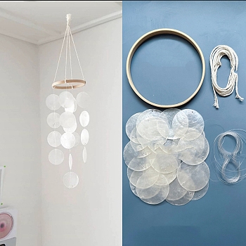 DIY Wind Chime Hanging Pendant Decoration Making Kit, Including Bamboo Rings, Shell Pendants, Cotton and Elastic Threads, White, 550x150mm