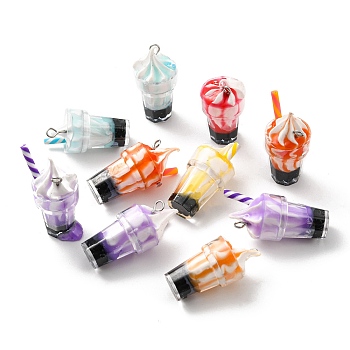 Translucent Resin Pendants, Drink Charms, Juice Ice Cream Cup with Metal Loops, Mixed Color, 27.5x13mm, Hole: 1.8mm, about 10pcs/bag