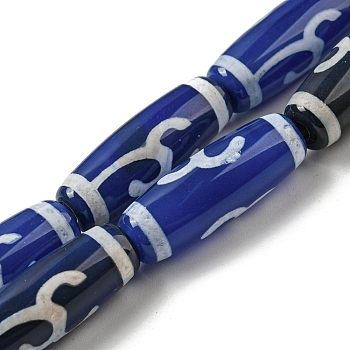 Tibetan Style dZi Beads Strands, Dyed Natural Agate Beads Blue Strands, Drum Shape, Branch, 29~30x10mm, Hole: 1.4mm, about 10pcs/strand, 11.81 inch(30cm)