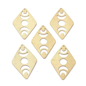 Elite 10Pcs Brass Pendant, Rhombus with Moon Phase, Hollow, Raw(Unplated), 40x26x0.5mm, Hole: 1.2mm