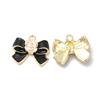 Alloy Enamel Charms, Cadmium Free & Nickel Free & Lead Free, Golden, Bowknot with Flower Charm, Black, 17x20x5.5mm, Hole: 1.8mm