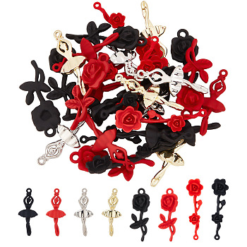 28PCS 8Style Alloy Pendants, Ballet Dancer and Flower, Mixed Color, 32.5~40x11.5~13.5x5~6mm, Hole: 1.5mm