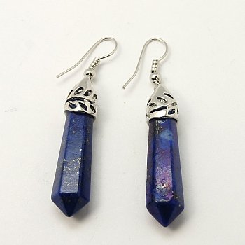 Natural Lapis Lazuli Earrings, with Brass Findings, Bullet, Platinum, 55mm, Pin: 0.5mm