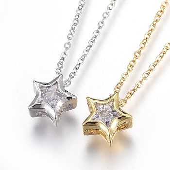 304 Stainless Steel Brass Cubic Zirconia Pendant Necklaces, Star, Clear, Mixed Color, 17.8 inch(45.5cm), Pendant: 8x8x4mm