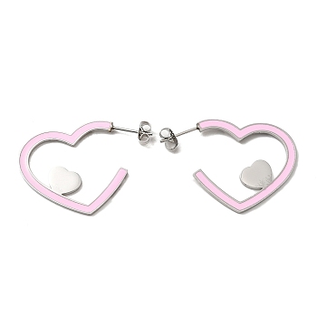 304 Stainless Steel Heart Stud Earrings, Pink Enamel Half Hoop Earrings, Stainless Steel Color, 28.5x1.4mm