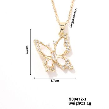 Fashionable Brass Pave Clear Cubic Zirconia Butterfly Pendant Necklaces for Women, Elegant and Stylish Jewelry Accessory, Golden, 15.75 inch(40cm)