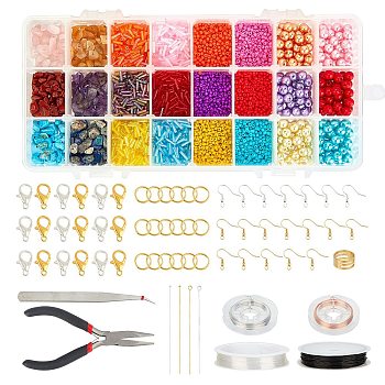DIY Jewelry Set Making Kits, Including Natural Gemstone Chip Beads, Glass Seed Beads, Iron Findings, Zinc Alloy Lobster Claw Clasps, Brass Earring Hooks, Copper Wire and Elastic Crystal Thread, Colorful, 6x1.8mm, Hole: 0.6mm, 6 colors, 400pcs/color, 2400pcs/set