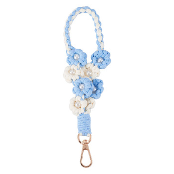Hand-woven Flower Pendant Decorations, with Alloy Swivel Clasps, Sky Blue, 205x32mm