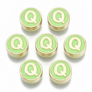 Alloy Enamel Beads, Cadmium Free & Nickel Free & Lead Free, Flat Round with Initial Letters, Light Gold, Letter.Q, 8x4mm, Hole: 1.5mm